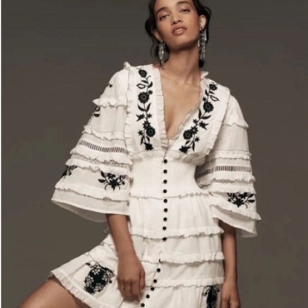 Anthropologie Embroidered V-Neck Ruffled Mini Dress Large Color:White NWT